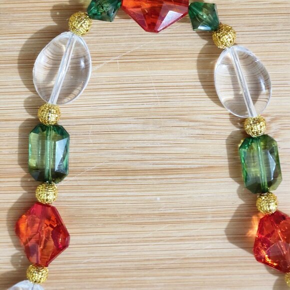 Hand Crafted Necklace Christmas Colors Beaded Red Green Clear Crystals and Gold - Picture 9 of 9
